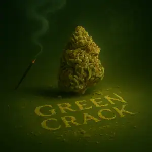 Fumée et chute de crack vert, symbole de cannabis, dans un décor vert sombre.